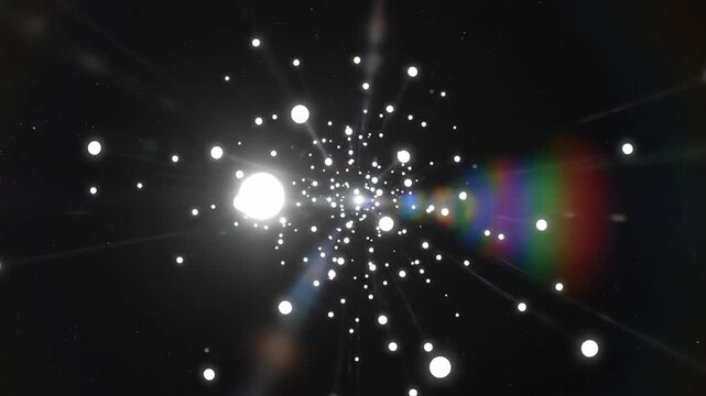 Dramatic burst of energy emanating from a star cluster in deep space with lens flares and glowing orbs in the dark void