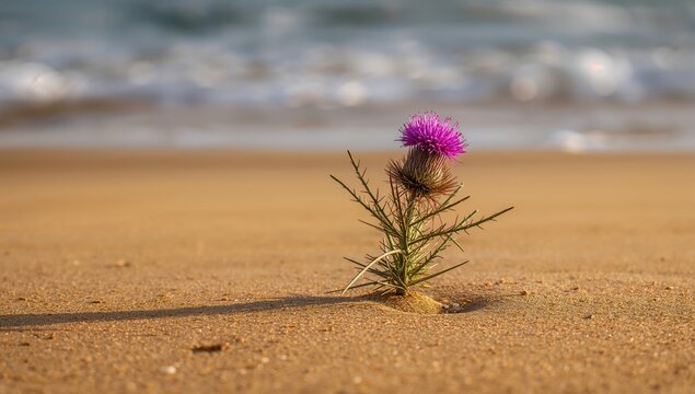 Wild beauty, sea thistle growing in sandy environment, preservation
