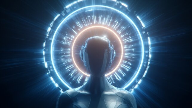 In a futuristic scene, a humanoid robot with a sleek design stands in front of a glowing circular light display. The robot's advanced technology highlights the integration of digit