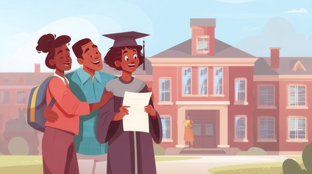 Proud parents celebrate their daughter's graduation day a major milestone achievement with a diploma in hand on campus