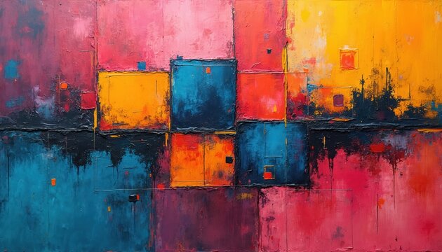 Abstract painting features squares and rectangles in bright pink yellow and blue. Textured art mixes different media with visible brushstrokes and paint drips.
