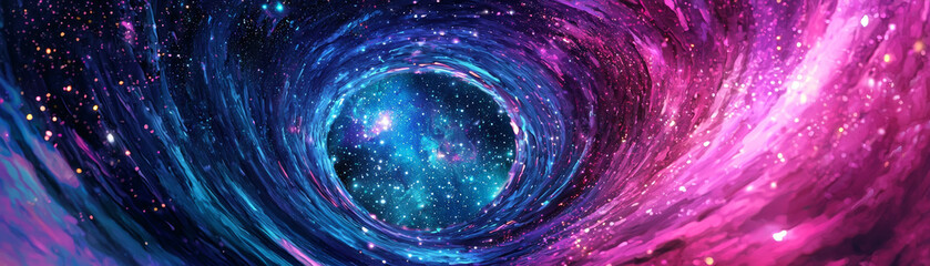 Colorful cosmic vortex swirling with stars and nebulae, dramatic galactic tunnel