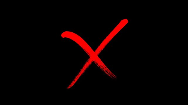 Animated Brush Stroke X Mark. A handmade symbol is drawn on-screen, ideal for error messages or rejection concepts, with a transparent alpha channel.
