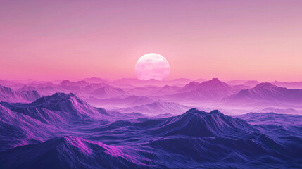 Purple mountain landscape at sunset with large moon and misty valleys, dreamy atmosphere