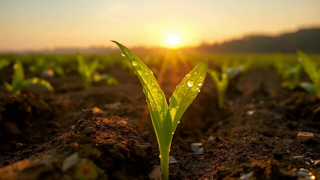 Young green corn sprout with dew drops growing in soil field at golden sunrise with sun rays