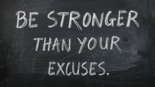 Motivational message in chalk on blackboard, urging resilience and determination against excuses