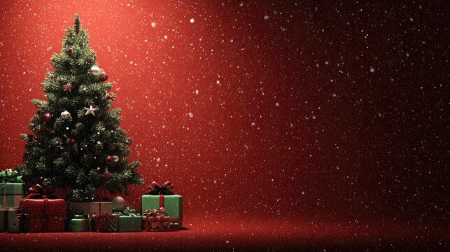 A Christmas tree with gifts under falling snow against a red background - Powered by Adobe