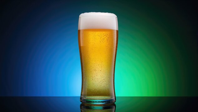 Complete glass of bubbly pale lager beer on a glowing blue-green background with neon lighting. Theme of alcohol, nightlife, beverages, celebrations, and events. Space available for advertisements.