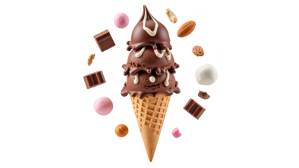 Delicious ice cream cone topped with chocolate, nuts, and various toppings, creating delightful dessert experience