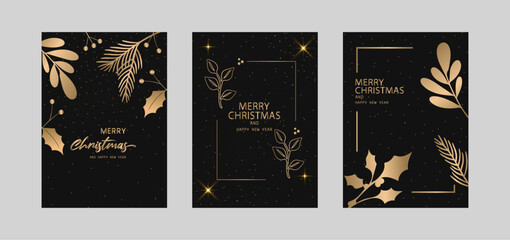 Blach Merry Christmas and Happy New Year. Vector illustration templates for holiday greeting card, background, website and social media banner, marketing material.