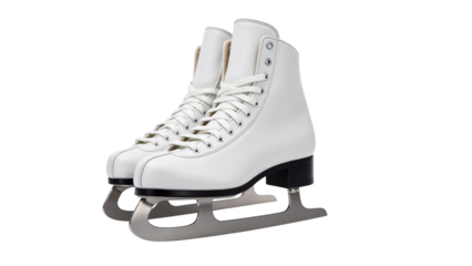 White ice skates with sleek design, featuring laces and shiny blade, perfect for figure skating or recreational use