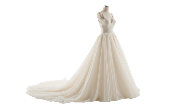 Elegant wedding dress with intricate lace detailing, flowing train, and delicate straps, perfect for romantic bridal look