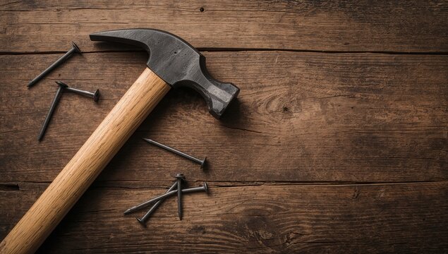 Rustic hammer and nail against a wooden background, suitable for editorial header background