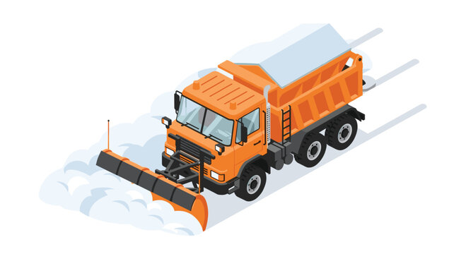 Isometric snowplow truck clears winter roads with efficiency and power, conveying reliability and readiness for seasonal challenges ahead