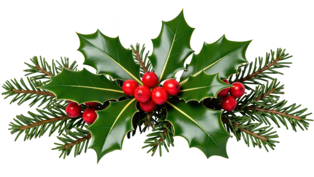 Festive holly leaves and red berries create vibrant holiday decoration, perfect for seasonal celebrations and winter festivities