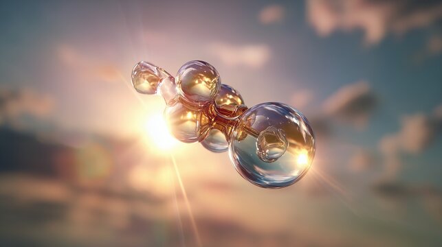 A close-up depicts a cluster of shimmering water bubbles illuminated by sunlight, showcasing their elegant form. The sunlight enhances the beauty of the water bubbles against a sof
