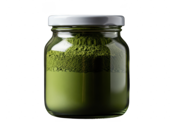 Jar of green matcha powder. Glass jar filled with vibrant green matcha powder and white lid isolated on transparent background