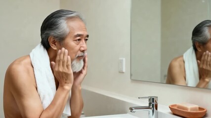 Senior Asian man applying face cream in the bathroom. Elderly male doing his morning skincare routine. Men's grooming and self-care concept - Powered by Adobe