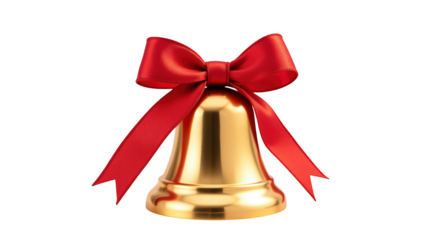 Golden bell with red ribbon, festive decoration, holiday ornament, shiny surface, celebration symbol, Christmas accessory