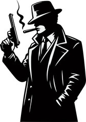 Mafia Gangster Silhouette with Cigar and Gun, Classic Noir Mobster