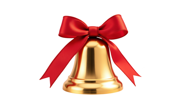 Golden bell with red ribbon, festive decoration, holiday ornament, shiny surface, celebration symbol, Christmas accessory