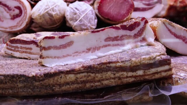 Discovering delicious sausage meat deli ham at local market