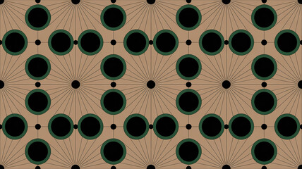 Seamless modern geometric pattern, repeating fan and circle motifs, dark green, beige, black palette, art deco style, dynamic wave layout, perfect for wallpaper, textile, digital design.