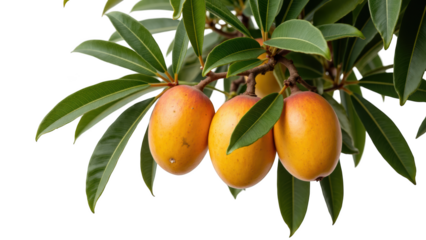 Fresh mangoes hanging from vibrant green tree branch, showcasing their rich yellow orange color and glossy leaves, evoke sense of tropical