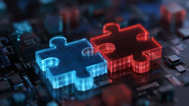 Data puzzle integration: a pair of glowing puzzle pieces merge within a cutting-edge technological setting, signifying interconnection and synergy. A symbolic representation of digital harmony.