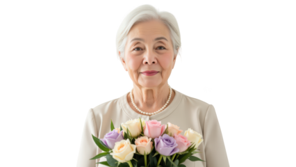 Elegant elderly woman holding bouquet of roses, showcasing grace and beauty. soft colors of flowers complement her serene expression