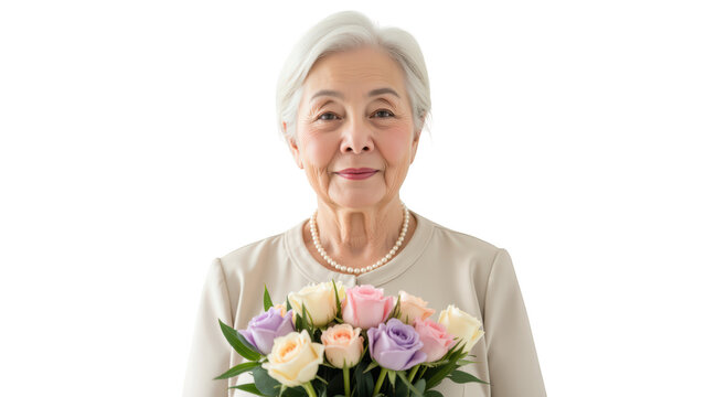 Elegant elderly woman holding bouquet of roses, showcasing grace and beauty. soft colors of flowers complement her serene expression - Powered by Adobe