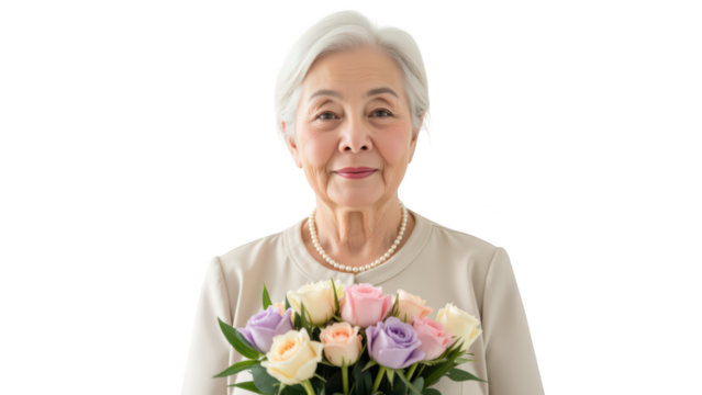 Elegant elderly woman holding bouquet of roses, showcasing grace and beauty. soft colors of flowers complement her serene expression - Powered by Adobe