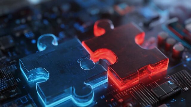 Connected Pieces of a Technological Puzzle: Two puzzle pieces, one illuminated in a cool blue and the other in a vibrant red, interlock against a backdrop of complex circuitry.
