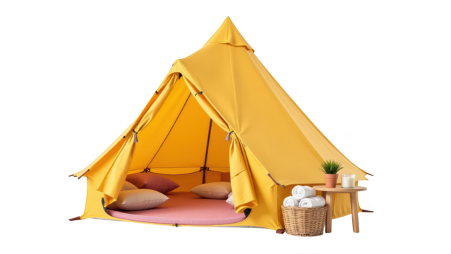 Cozy yellow tent with soft pillows, basket of towels, and small table with candles creates warm and inviting atmosphere