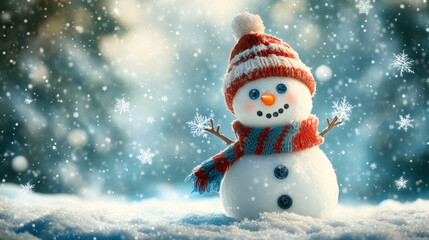 Fototapeta premium Snowman wearing a red striped hat and scarf in winter snow with space for text