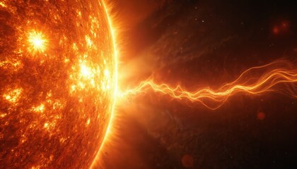 Fototapeta premium Massive solar storm erupts from suns surface with fiery plasma arcs and intense magnetic fields extending into deep space. This energetic event shows raw cosmic power.