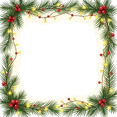 Vibrant Christmas Square Frame with Fir Branches, Berries, and String Lights