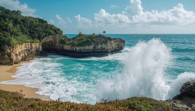 Ocean waves crashing through rocky tunnel, showcasing erosion risk