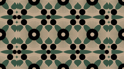 Seamless modern geometric pattern, repeating fan and circle motifs, dark green, beige, black palette, art deco style, dynamic wave layout, perfect for wallpaper, textile, digital design.