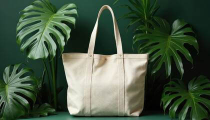 Tote bag lies against backdrop of tropical leaves. Canvas shopper advertises eco friendly style. Bag presents template for branding. Textile bag is suitable for product promotion campaign at market.