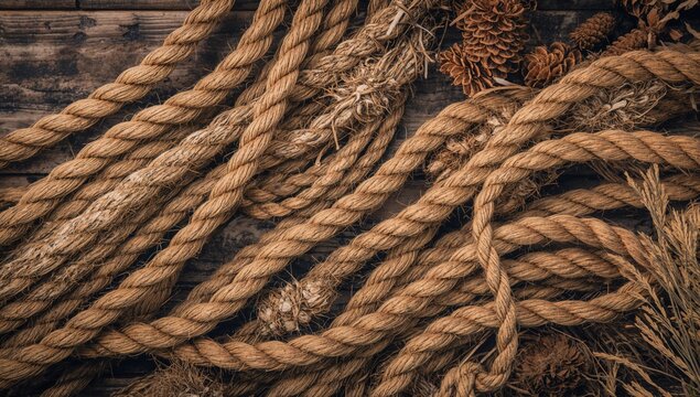 Rope texture, rustic background, beige brown frayed twisted cotton cord, decorative composition for crafting - Powered by Adobe