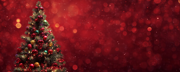 a Christmas tree with colorful decorations on a red background