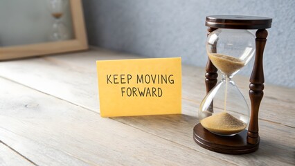 Hourglass beside a yellow card with motivational quote