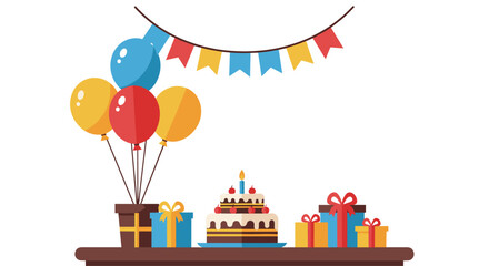 Celebrate joyous occasions with this festive birthday cake, colorful balloons, and charming gifts that evoke happiness and excitement for any party