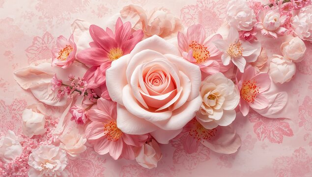 Summer blooming delicate rose amid colorful flowers, suitable for floral arrangement or greeting card design