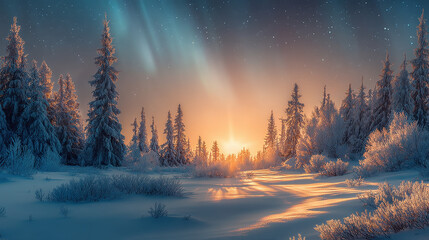 Fototapeta premium Winter landscape with snow-covered trees under northern lights with space for text