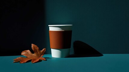 A coffee cup with a sleeve and a leaf casting a shadow against a teal background