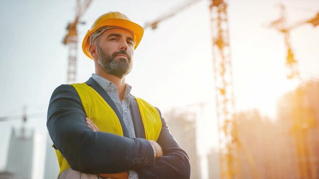 Construction Supervisor: A seasoned construction supervisor, radiating confidence and expertise, stands resolute on a bustling construction site, overseeing the progress and development.