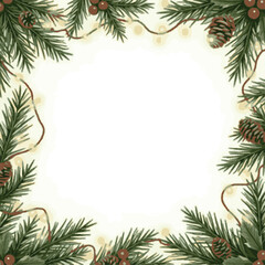 Christmas Square Frame of Pine Boughs, Pine Cones, Berries, and Lights