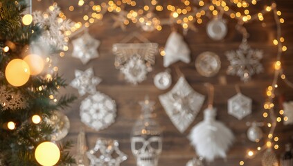 Christmas decorations with fairy lights on a wooden backdrop, seasonal charm